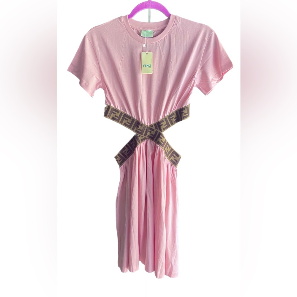 🔥🔥FENDI Kids PINK Signature Logo Cut Out 100% Cotton Dress / Small / New!!
